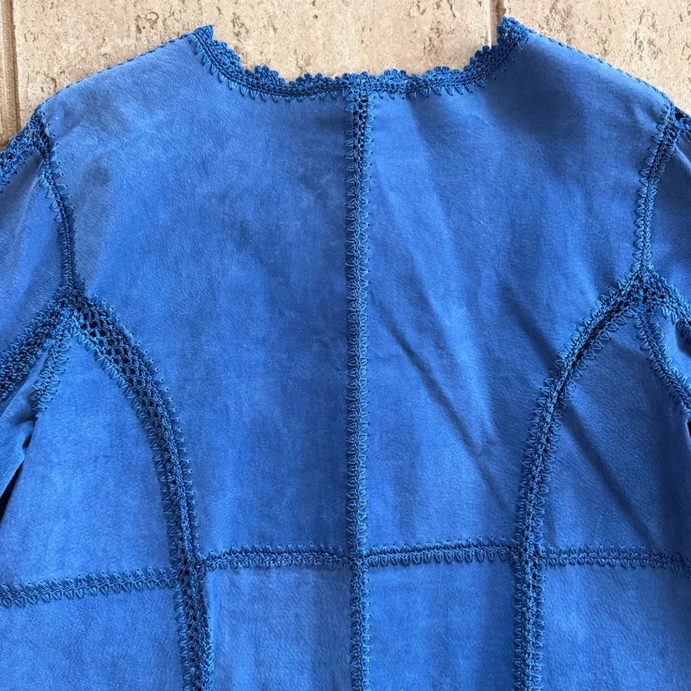 Vintage Y2K Size XL Blue Suede Leather Patchwork Jacket Lace Western‎ Crochet